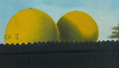 Kamil Lhoták: Dva balony za ohradou (1940). Olej na plátně, 55,5 x 61 cm...