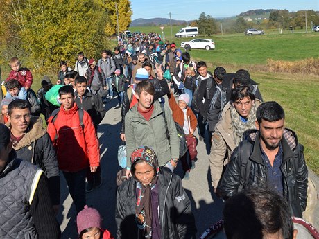 Skupina migrant kráí po silnici krátce po pekroení rakousko-nmecké hranice...