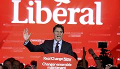Šéf kanadských liberálů Justin Trudeau při svém projevu v Montrealu poté, co se...