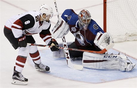 Semyon Varlamov z týmu Colorado Avalanche chytá stelu.