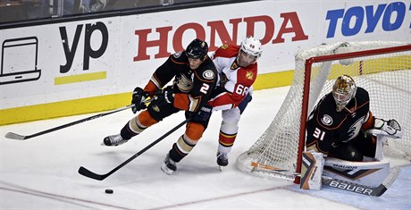 Obránce Anaheimu Kevin Bieksa v souboji s Jaromírem Jágrem.