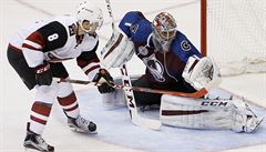 Semyon Varlamov z týmu Colorado Avalanche chytá stelu.