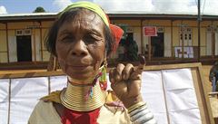 P�íslu�nice jedné z etnických minorit stojí p�ed volební místností.