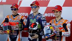 Stupn vítz po závod MotoGP. Zleva: Marc Márquez, Jorge Lorenzo a Dani...