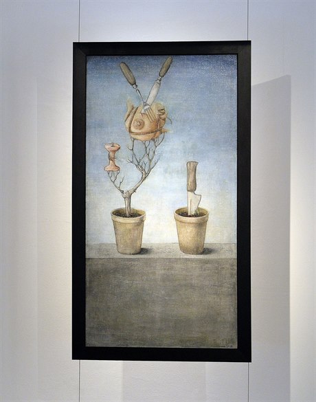 Surrealistický obraz Mikuláše Medka Květináče (Snídaně) z roku 1950.