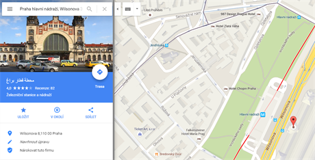 Na stránce Google Maps se po zadání hesla Hlavní nádraí zobrazí poloha vlakové...