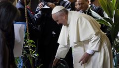 Pape� Franti�ek v Keni zalévá mladý stromek. Toto symbolické gesto má...