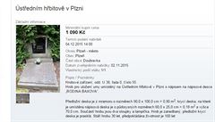 Nabídka umístná na webu ÚZSVM - hrob na Ústedním hbitov v Plzni.