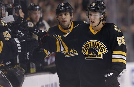 David Pastrák slaví se spoluhrái z Bostonu jeden ze svých gól v NHL.