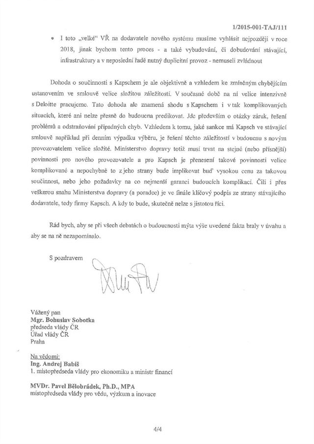 Dopis, který ministr dopravy Dan ok (nestr. za ANO) poslal éfm koaliních...