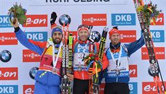 Michal lesingr, Simon Eder a Martin Fourcade na SP v Ruhpoldingu.