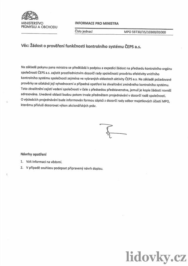 Dopis ministra prmyslu a obchodu Jana Mládka (SSD) adresovaný státní...