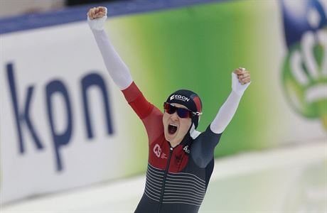 Martina Sablikova, of Czech Republic, reacts after winning the women's 5000...
