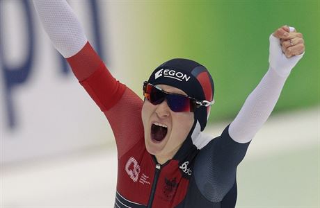 Martina Sablikova, of Czech Republic, reacts after winning the women's 5000...