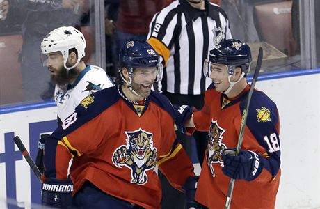 Florida Panthers right wing Jaromir Jagr (68) and Reilly Smith (18) celebrate...