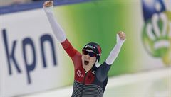 Martina Sablikova, of Czech Republic, reacts after winning the women's 5000...