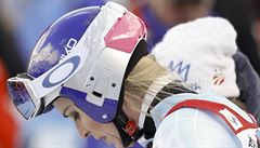 United States' Lindsey Vonn reacts after crashing during a women's Alpine ski...