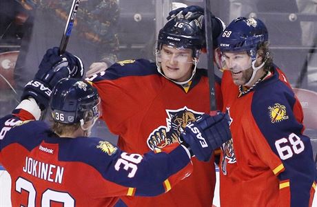 Florida Panthers left wing Jussi Jokinen (36) and right wing Jaromir Jagr (68)...