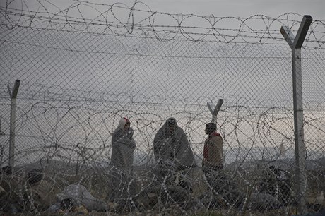 Migranti u plotu z ostnatého drátu na hranicích ecka a Makedonie.