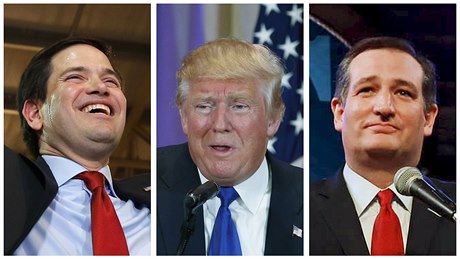 Republikántí kandidáti. Zleva Marco Rubio, Donald Trump a Ted Cruz.