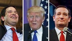 Republikántí kandidáti. Zleva Marco Rubio, Donald Trump a Ted Cruz.