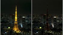 Pohled na Tokio a jeho dominantu Tokyo Tower bhem Hodiny Zem