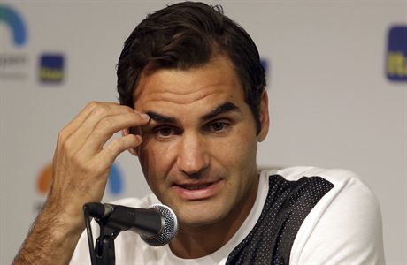Roger Federer na tiskovce ped turnajem v Miami.