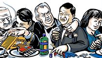 Ilustrace: Si Ťin-pching a Miloš Zeman při společné večeři.