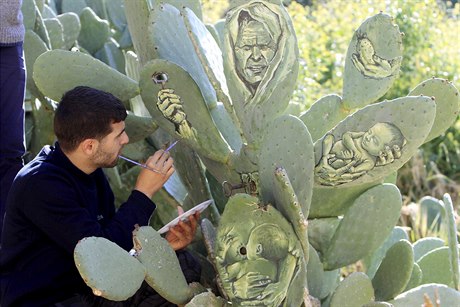 Palestinský výtvarník Ahmad Yasin maluje pímo na kaktusy.