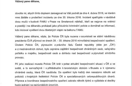 Dopis policejnho prezidenta Tome Tuhho dkanovi FAMU Pavlovi Jechovi.