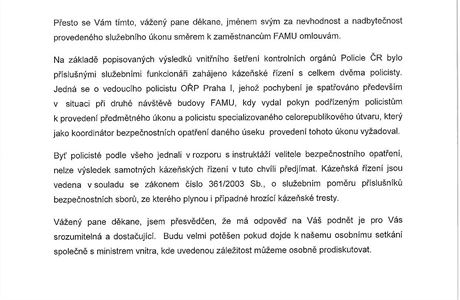 Dopis policejnho prezidenta Tome Tuhho dkanovi FAMU Pavlovi Jechovi.