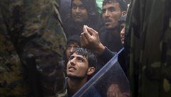 Migranti prosící makedonské policisty na hranicích.