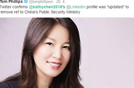 Oficiální fotka Kathy Chenové na síti Twitter. Ta potvrdila, e Chenové profil...