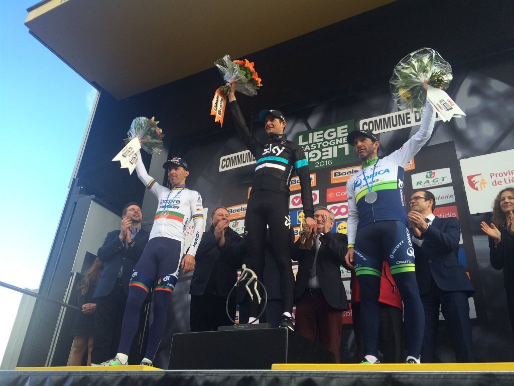 Stupn� vít�z� Lutych-Bastogne-Lutych, zleva: Costa, Poels, Albasini.