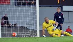 Branká Sparty David Biík inkasuje gol z penalty v utkání 26. kola první...
