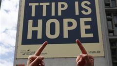 Obscénní gestikulací dává protestující najevo názor na TTIP