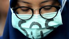 Dívka s maskou a nápisem SOS na shromá�d�ní, které m�lo za cíl vyjád�it...