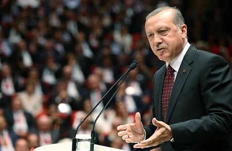 Projev tureckho prezidenta Erdogana v Ankae.