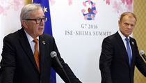 Jean-Claude Juncker na tiskov konferenci bhem summitu G7 v Japonsku.
