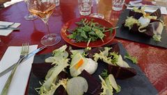 Obd v Château La Coste: salát s peenou ervenou epou, kozím sýrem a hrukami.