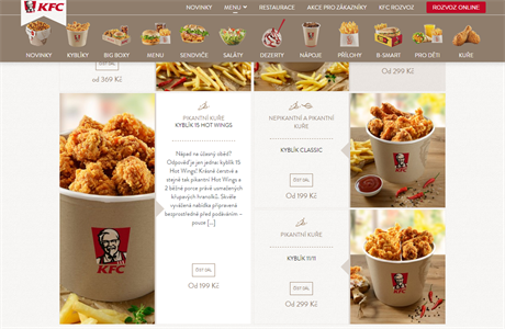 Na webu KFC uvádí Kyblík classic za cenu od 199 K, na prodejn stojí 199 K.