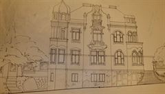 Pvodní architektonický plán vily v ulici Pod Klaudiánkou - pohled na jiní...