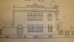 Pvodní architektonický plán vily v ulici Pod Klaudiánkou - pohled na fasádu do...