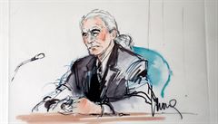 Kytarista skupiny Led Zeppelin Jimmy Page v soudní síni.