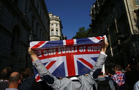Před Downing Street 10 slaví příznivci odchodu Velké Británie z Evropské unie.