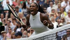 Serena Wiliamsová se raduje z vítzného úderu ve finále Wimbledonu proti...