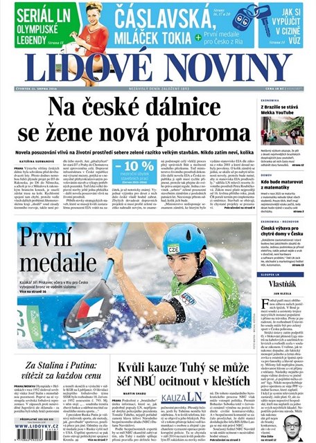Titulní strana deníku Lidové noviny.