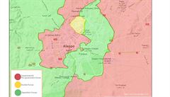 Souasné rozloení sil v Aleppu. ervená = vláda a provládní jednotky; zelená =...
