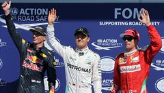 Max Verstappen, Nico Rosberg a Kimi Räikkönen po kvalifikaci na Velkou cenu...