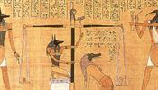 Obřad vážení srdce na Huneferově papyru ze 14. století př. n. l. Na levé misce...
